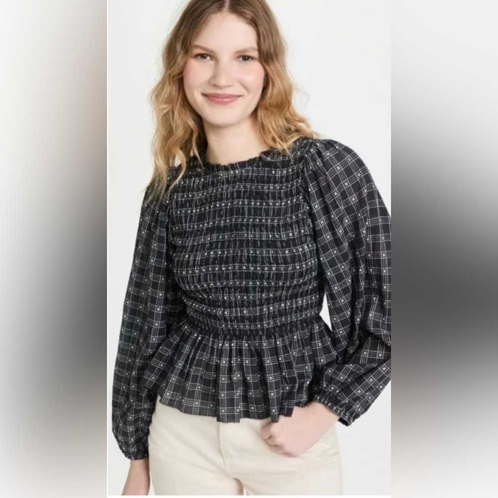 THE GREAT | 0 | Contessa Smocked Plaid Top - Ruffle Balloon Sleeves Peplum